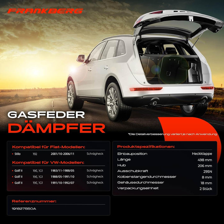 Frankberg 2x Gasfeder Dämpfer Heckklappe Kompatibel mit Golf II 19E 1G1 Schrägheck 1983-1992 Stilo 1