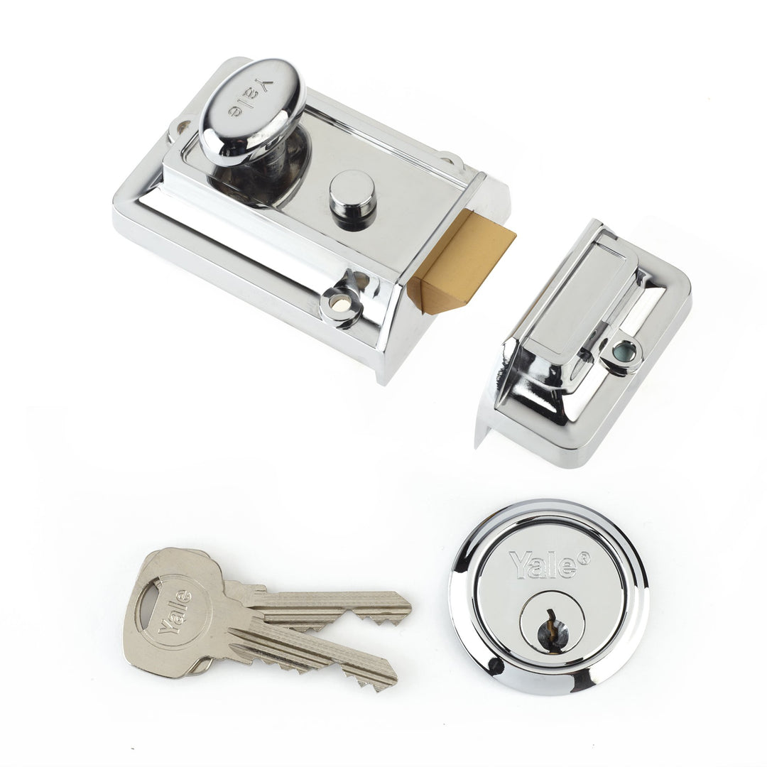 Yale P77 Traditionelles Nachtriegelschloss, Dornmass 60 mm, Sichtverpackung, verchromt Chrome Finish