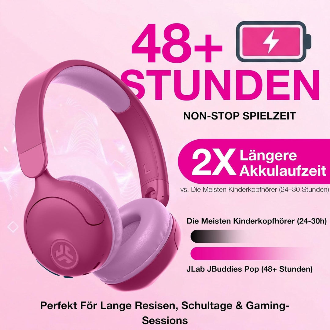 JLab JBuddies Pop Bluetooth Kopfhörer Kinder - 48+ Std. Spielzeit &amp; Kabelgebunden, Lautstärkesicher