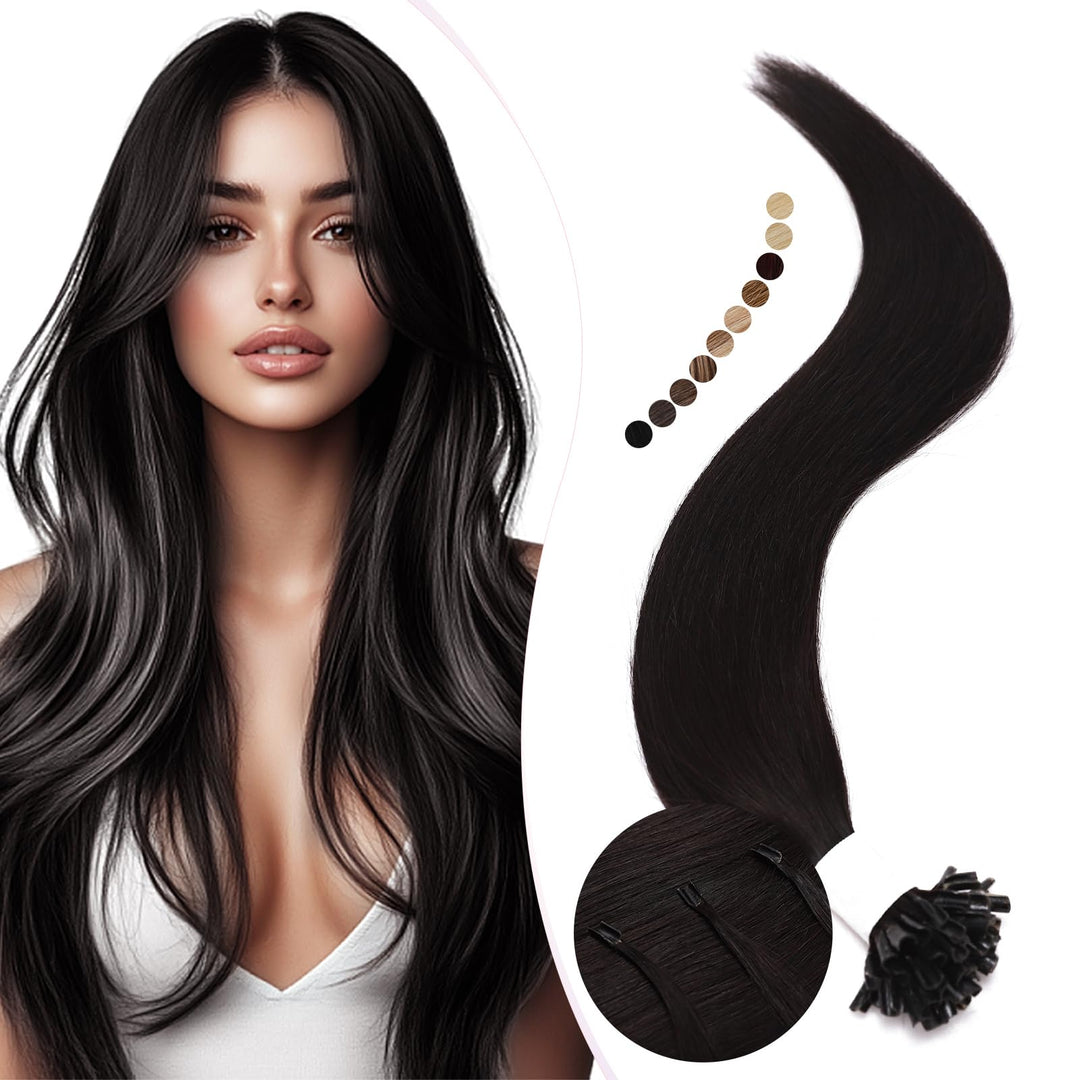 Elailite Bondings Extensions Echthaar Haarverlängerung Schwarz U-tip Keratin Haar Extension Glatt 25