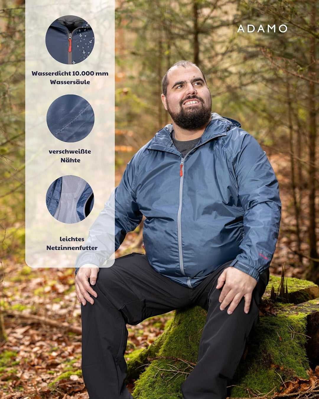 ADAMO Regenjacke Herren wasserdicht atmungsaktiv, Outdoor Jacke in Übergrösse mit Kapuze aus 100% sc