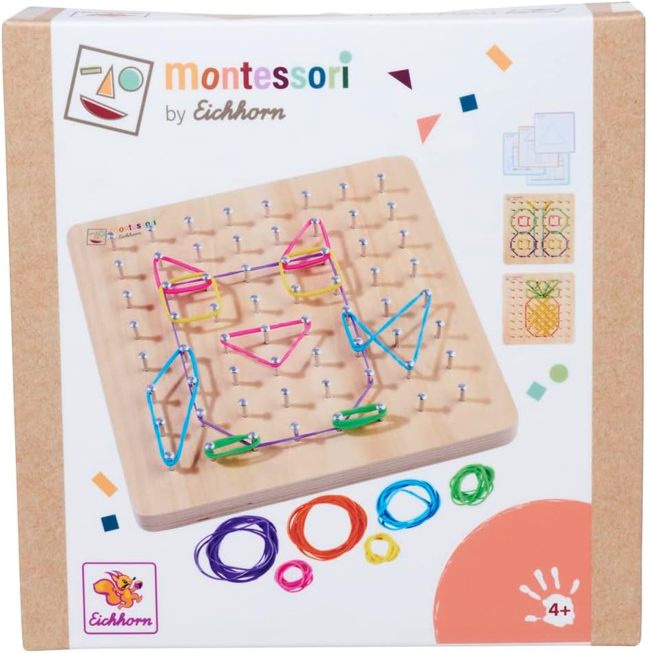 Eichhorn – Montessori – Geometriebrett mit 64 Nägeln und 30 farbigen Gummis, fantasievolles befestig