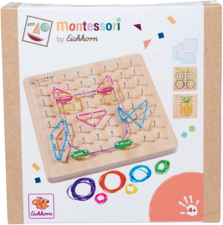 Eichhorn – Montessori – Geometriebrett mit 64 Nägeln und 30 farbigen Gummis, fantasievolles befestig
