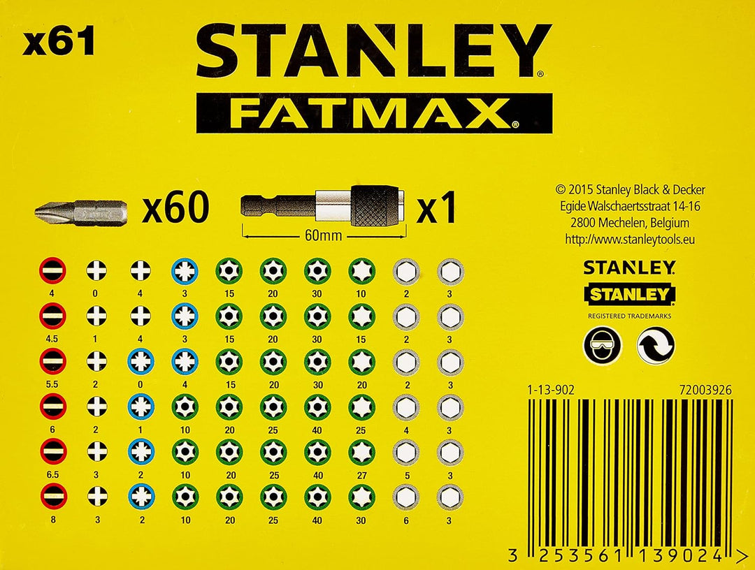 Stanley Bit-Sortiment, 1/4 Zoll, 61-teilig (SL/PH/PZ/TX/Innensechskant, inklusive magnetischer Bitha
