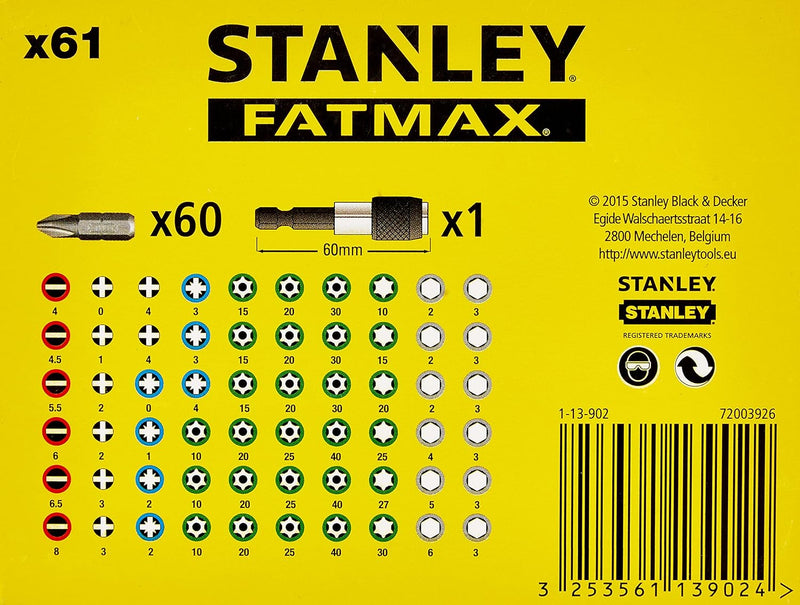 Stanley Bit-Sortiment, 1/4 Zoll, 61-teilig (SL/PH/PZ/TX/Innensechskant, inklusive magnetischer Bitha