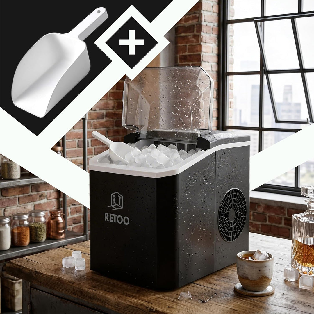 Retoo Eiswürfelmaschine 12 kg/24h, 9 Eiswürfel/6–12 Min | Selbstreinigung, 1,5 l , 2 Eisgrössen, Dis