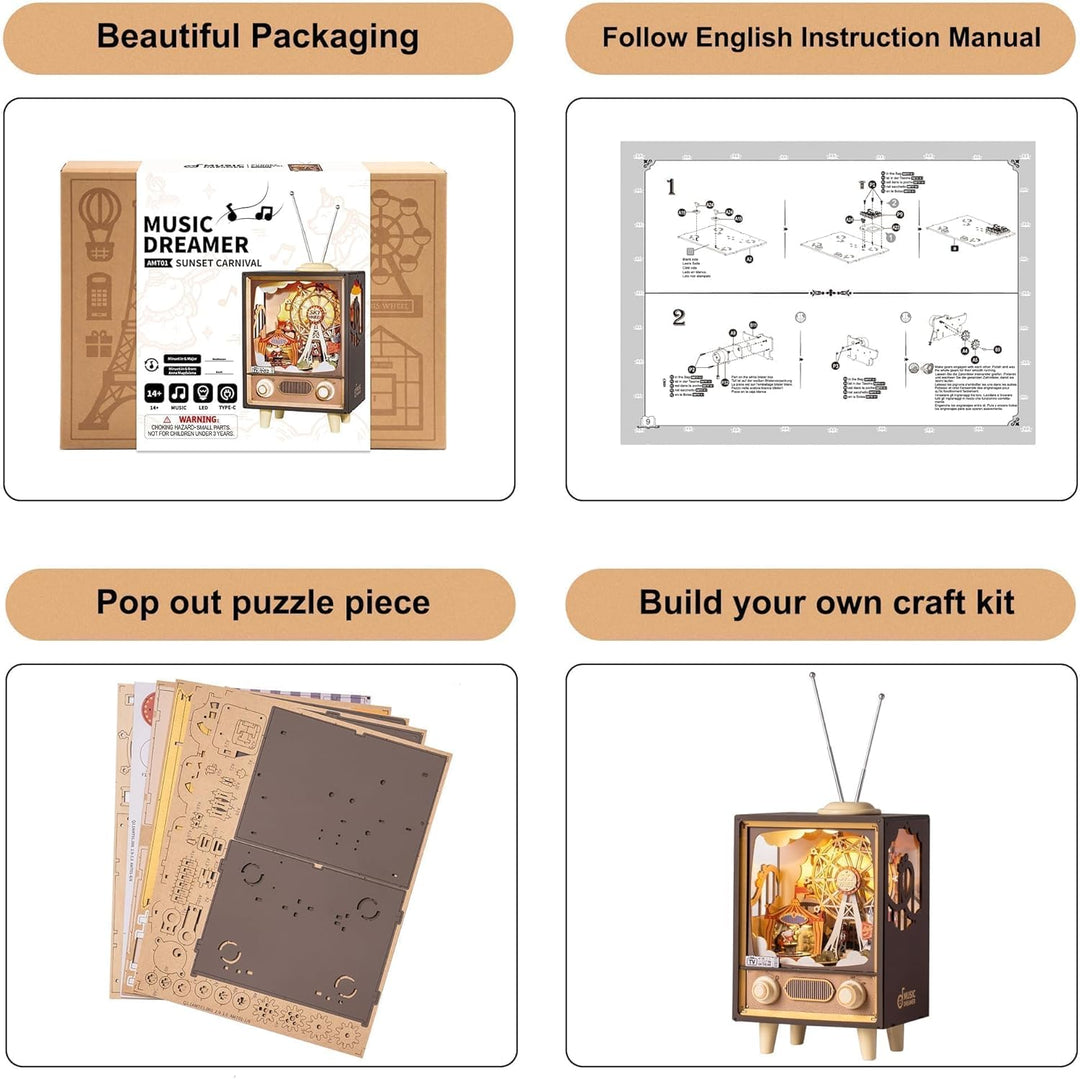 RoWood 3D Puzzle Modellbau Freizeitpark Spieluhr &amp; Nachtlicht aus Holz | DIY Holzpuzzle Modellbausat