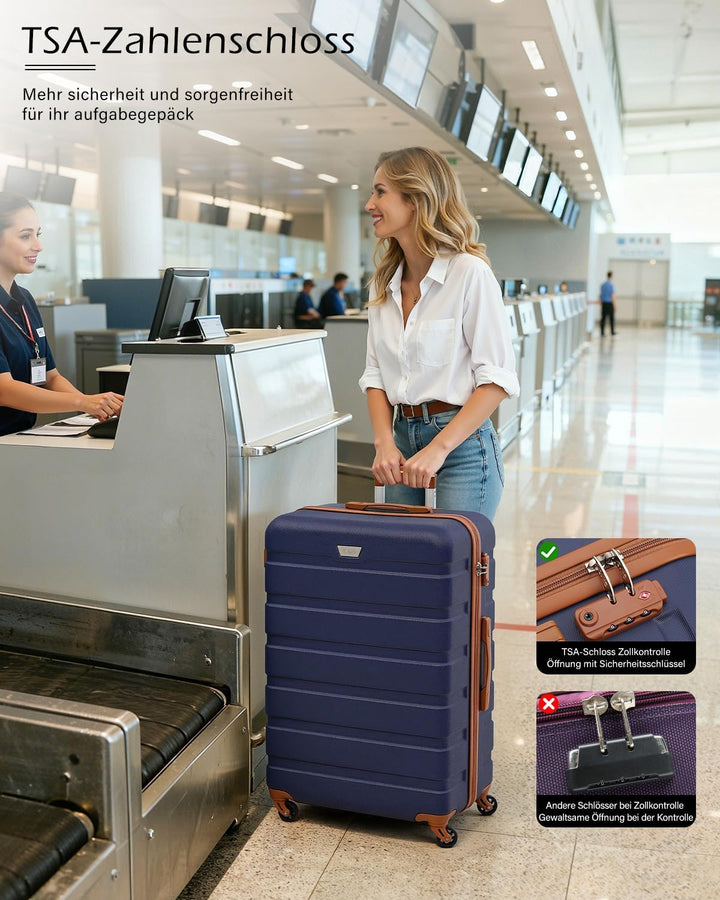 COOLIFE Hartschalen-Koffer Trolley Rollkoffer Reisekoffer mit TSA-Schloss und 4 Rollen (Blau/Braun,