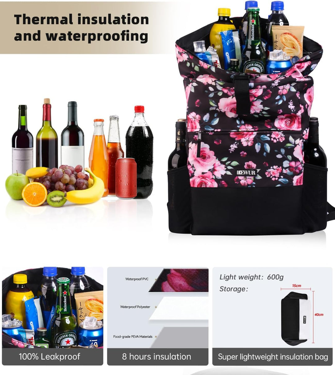 DEWUR 35L Thermo Rücksack Kühlrücksack Kühltasche Wasserdichter Picknickrücksack mit Flaschenöffner