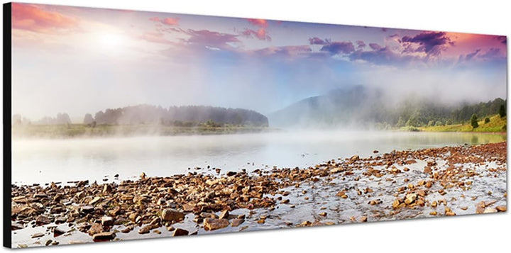 Paul Sinus Art Panoramabild auf Leinwand und Keilrahmen 150x50cm Ukraine Sommer Berge Nebel Sonnenst
