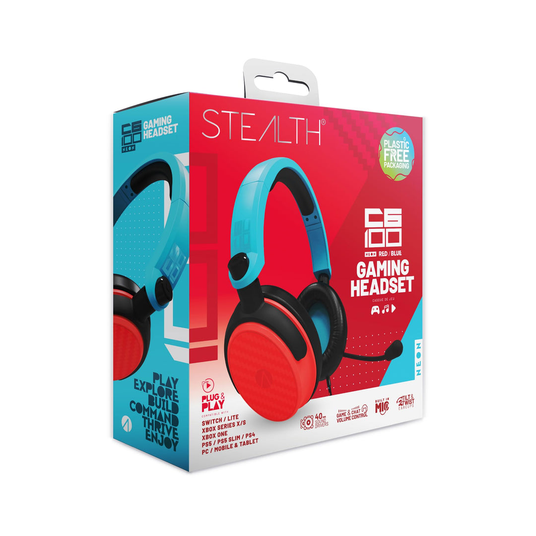 STEALTH C6-100 Rot &amp; Blau Over Ear Gaming Headset PS4/PS5, Xbox, Switch, PC mit flexiblem Mikrofon,