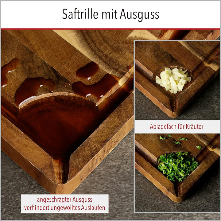 CULILUX Gourmet Schneidebrett M Stirnholz Akazie 2-seitig 35 x 25 x 2.5 cm mit Saftrille antiseptisc
