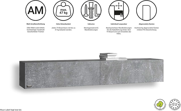 Wuun® TV Lowboard TV Board hängend I 100cm-280cm I Hängeschrank Wohnwand/Somero I Schwarz-Matt/Beton