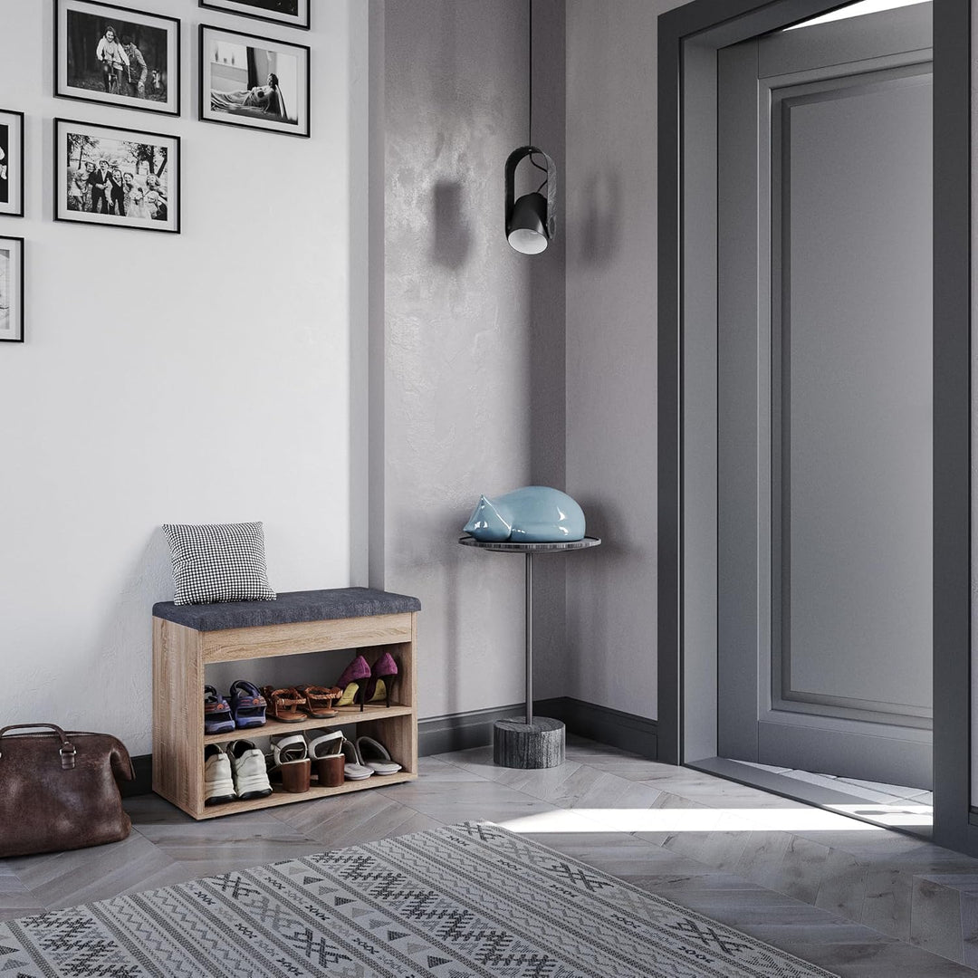 KOMTO Schuhbank mit Sitzfläche - Schuhregal Bank mit Stauraum Sonoma Eiche 60 x 48 x 32 cm Kleiner S
