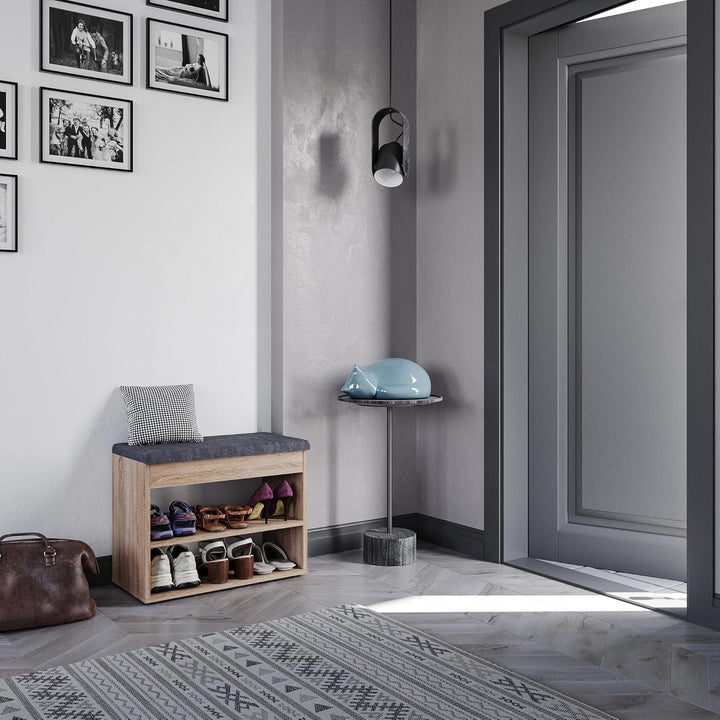 KOMTO Schuhbank mit Sitzfläche - Schuhregal Bank mit Stauraum Sonoma Eiche 60 x 48 x 32 cm Kleiner S