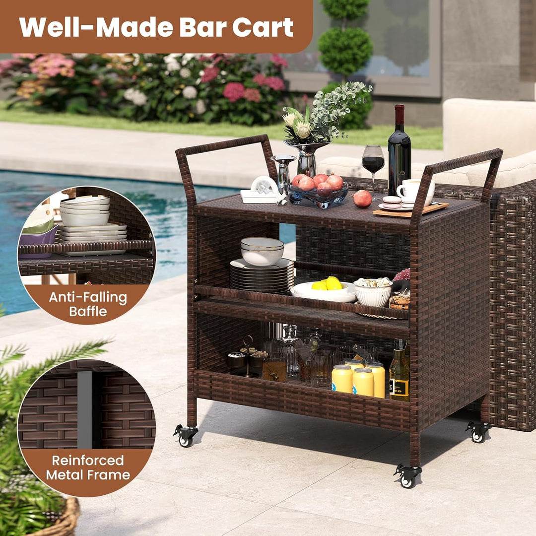 GIANTEX Servierwagen Outdoor Rattan, Küchenwagen auf Rädern, Grillwagen Grilltisch 3 Ebenen mit Seit