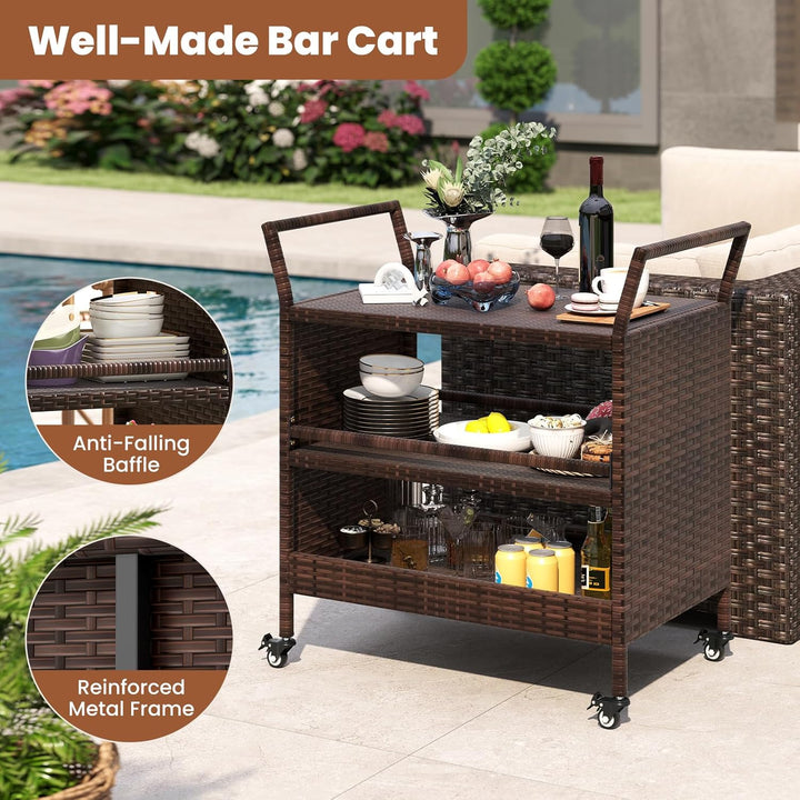 GIANTEX Servierwagen Outdoor Rattan, Küchenwagen auf Rädern, Grillwagen Grilltisch 3 Ebenen mit Seit