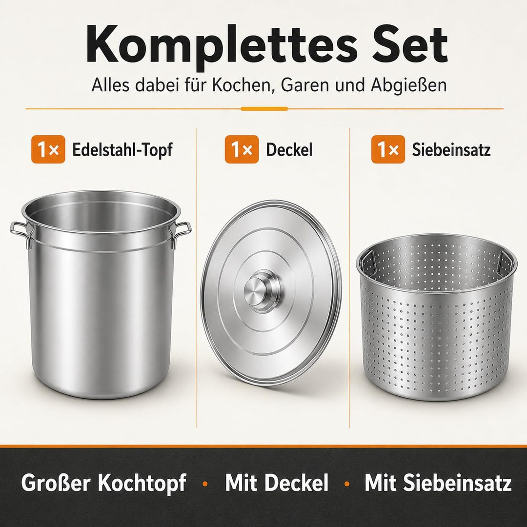 100L Suppentopf mit Deckel und Siebkorb, Edelstahl Kochtopf Induktion Kompatibel, Grosser Gewerbetop