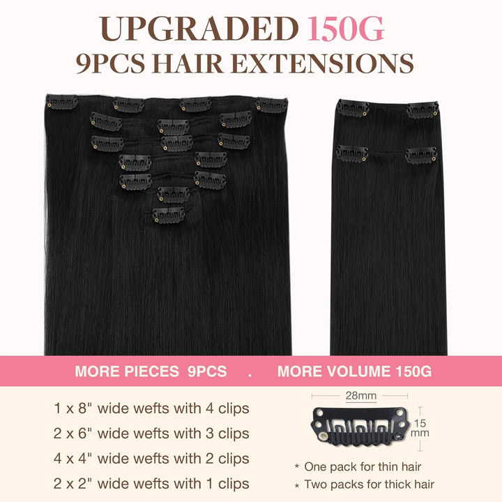 GOO GOO Clip in Extensions Echthaar, Echthaar Extensions Clip, 35cm 150g 9pcs, Extensions Echthaar,