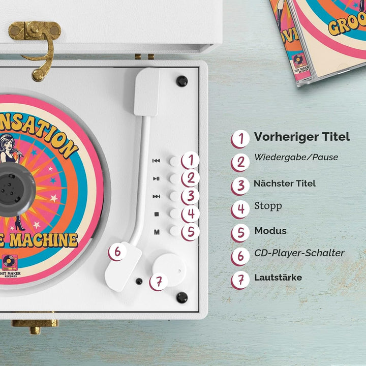 KLIM Retro CD Player – Tragbarer CD-Player mit Lautsprecher, Bluetooth-Empfänger, AUX, USB, Akku, Re