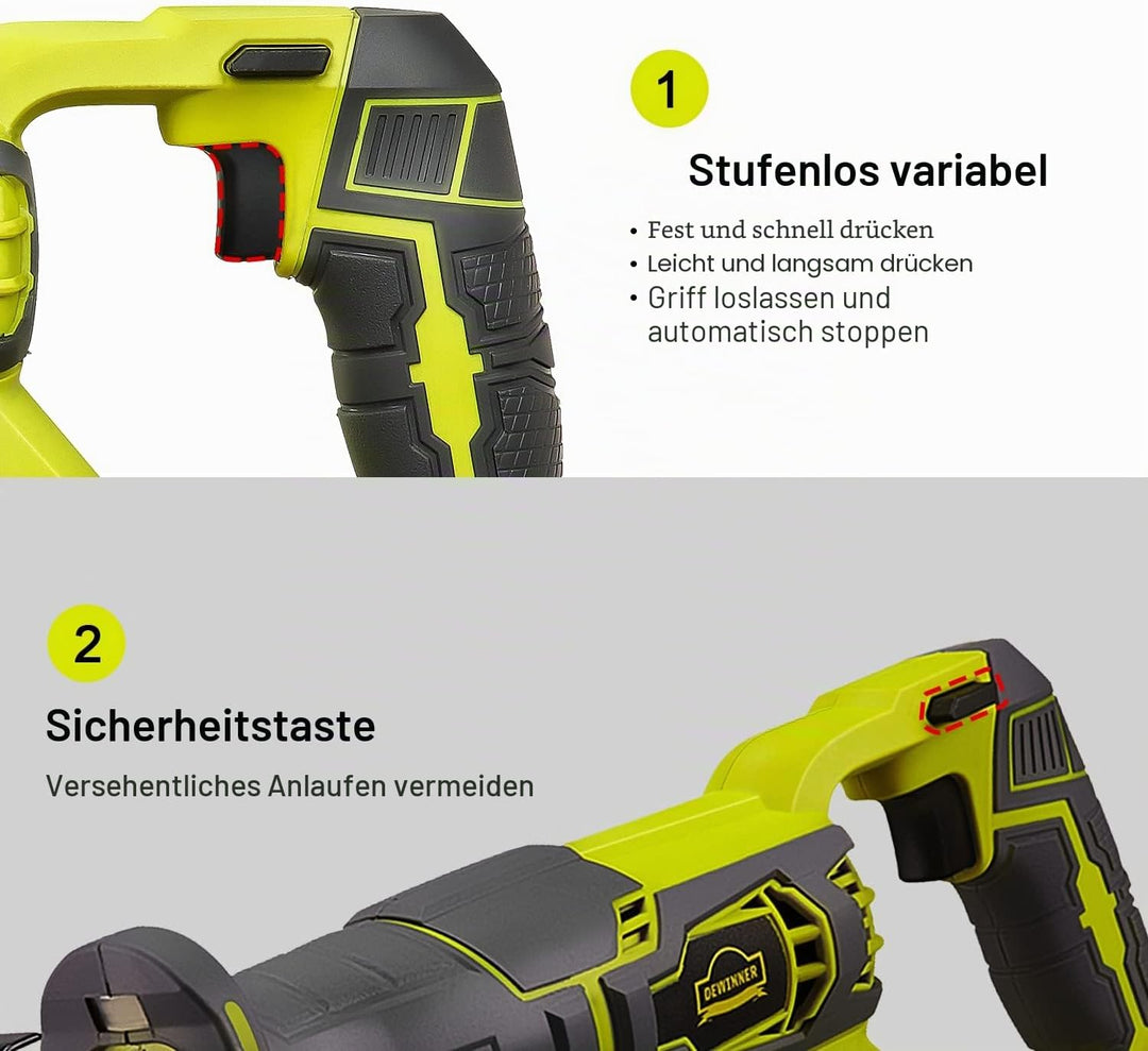 DEWINNER Kabellose Säbelsägen, 20 V, 2,0 Ah, kompakte Säge mit Li-Ion-Akku und Ladegerät, 2 Sägeblät
