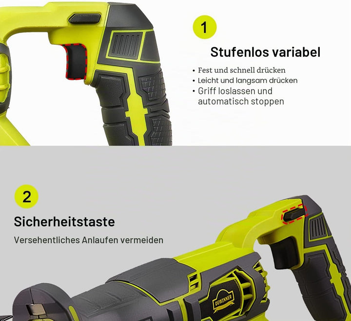 DEWINNER Kabellose Säbelsägen, 20 V, 2,0 Ah, kompakte Säge mit Li-Ion-Akku und Ladegerät, 2 Sägeblät