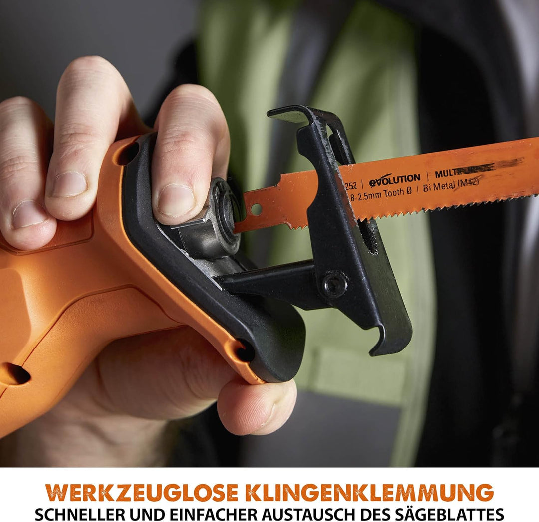 Evolution Power Tools Akku-Säbelsäge R150RCP-Li 18 V Li-Ion EXT, inkl. Universalsägeblätter – schnei