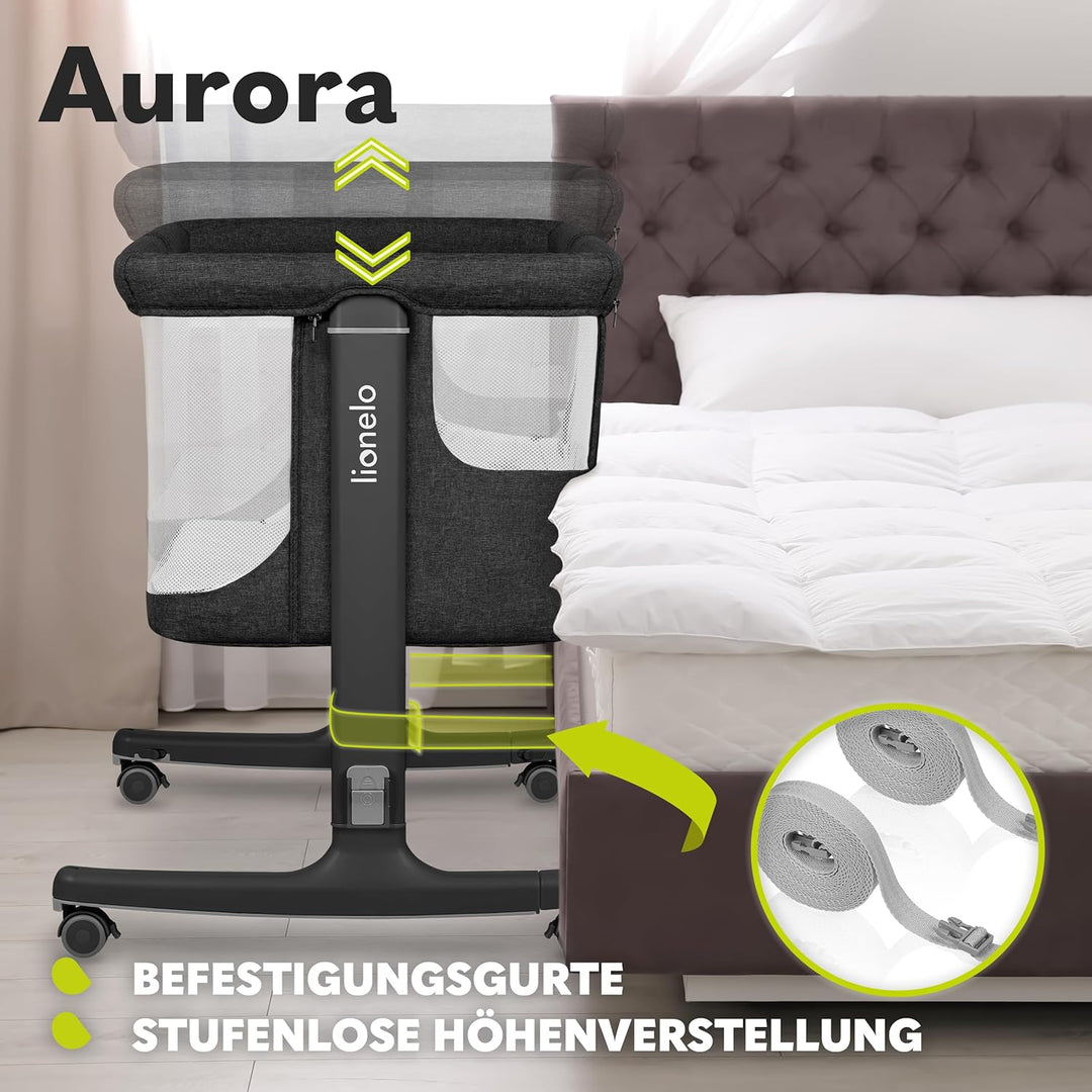 Lionelo Aurora 3 in 1 Babybett bis 9 kg, Beistellbett, Wiege, Höhenverstellug und Einstellung der Ne