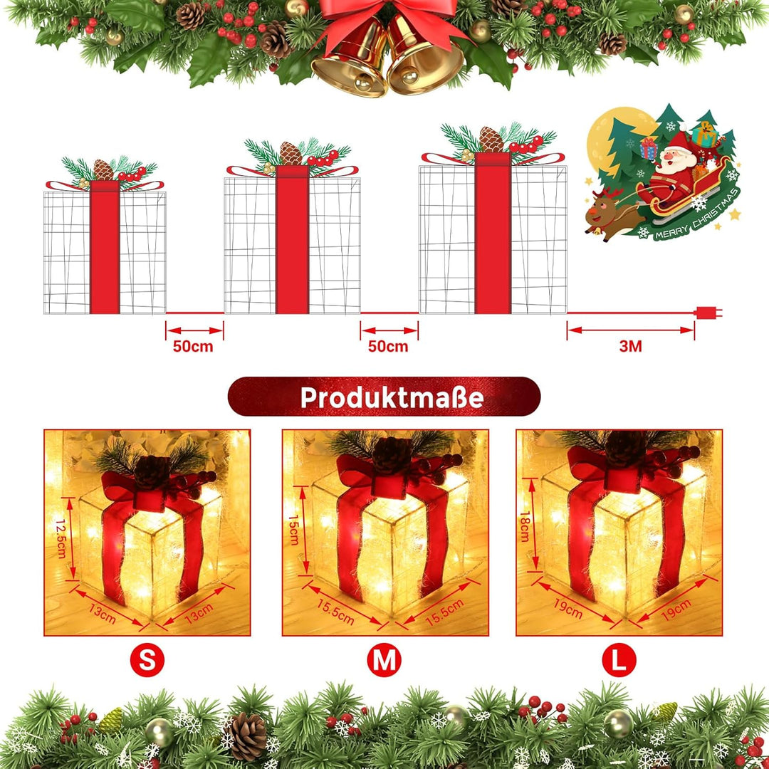 Elktry 3er LED Weihnachtsdeko innen, Geschenke Leucht Boxen mit Schleife aussen, Weihnachtenbox Bele