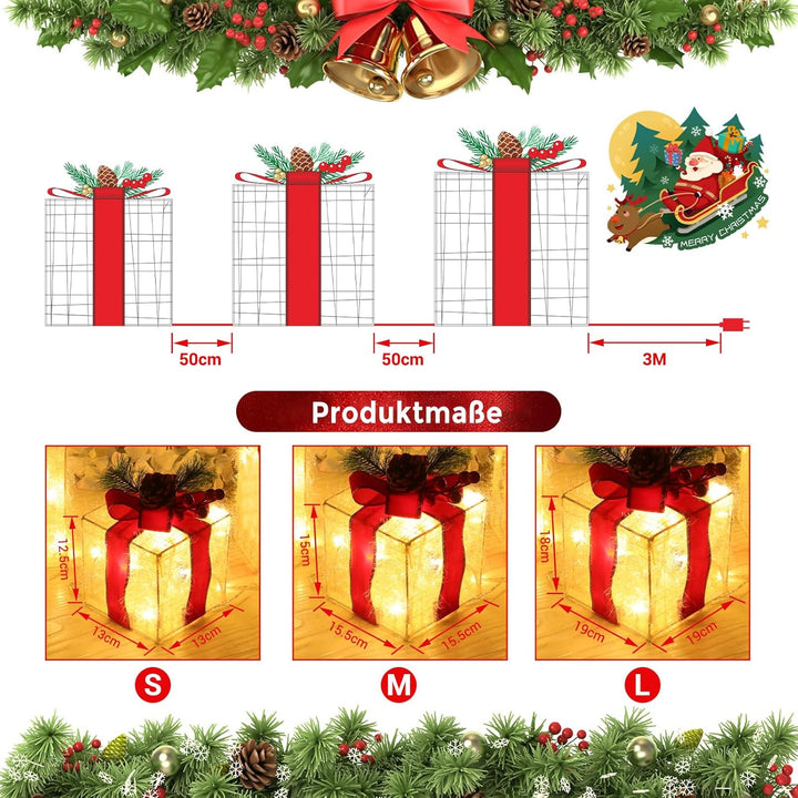 Elktry 3er LED Weihnachtsdeko innen, Geschenke Leucht Boxen mit Schleife aussen, Weihnachtenbox Bele