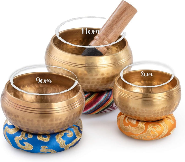 Klangschalen 3 Stück mit Klöppel und Kissen - Meditation Singing Bowl Set 8 bis 11 cm Durchmesser