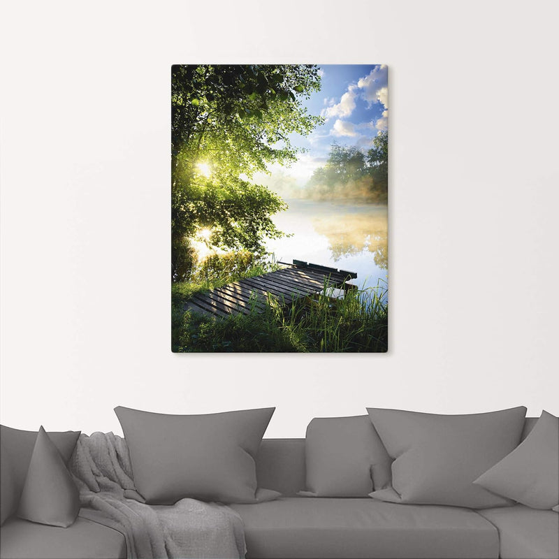 ARTland Leinwandbilder Wandbild Bild Leinwand 60x80 cm Natur Landschaft Wald Baum See Steg Sommer So