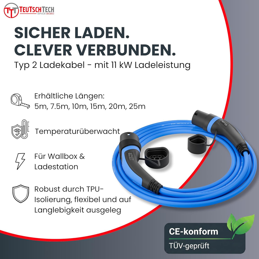 TEUTSCHTECH, EV Ladekabel blau I 7,5M I TYP2 - TYP2 I 11kW I 3X16A I 3-phasig I Mit Lade- Temperatur