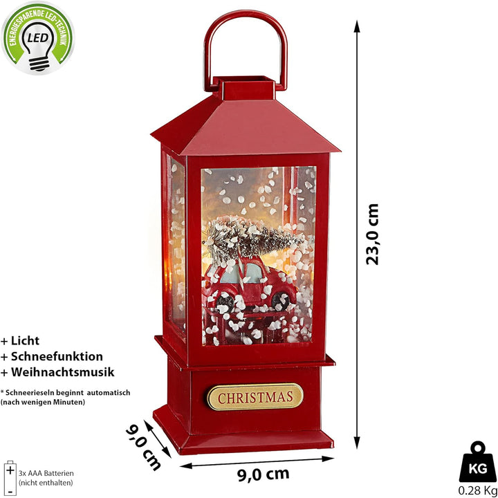 LED Schneelaterne Auto | 17x40cm 18 LEDs warmweiss | Schneefunktion Weihnachtsmusik | Weihnachtsbele
