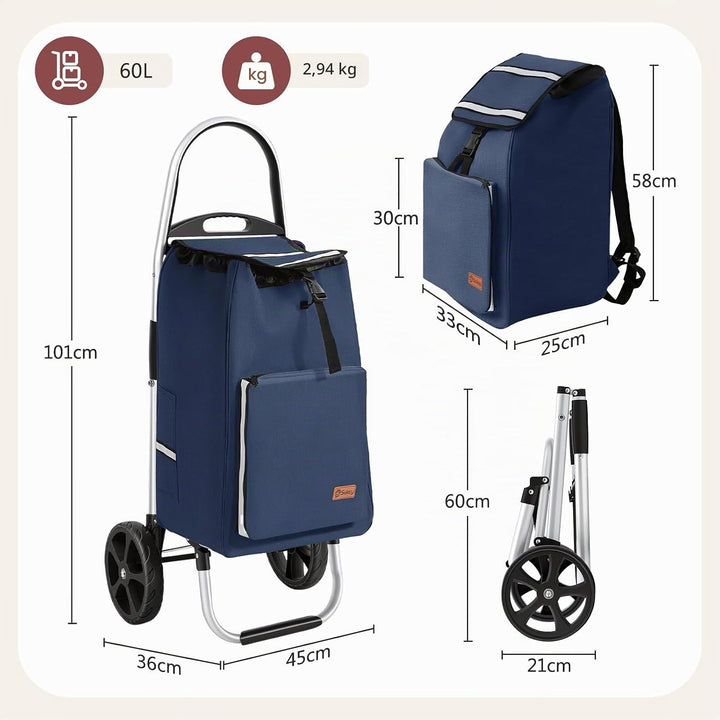 Sekey Einkaufstrolley klappbar, 3-in-1 Einkaufswagen (Trolley, Sackkarre &amp; Rucksack), mit leichtem A