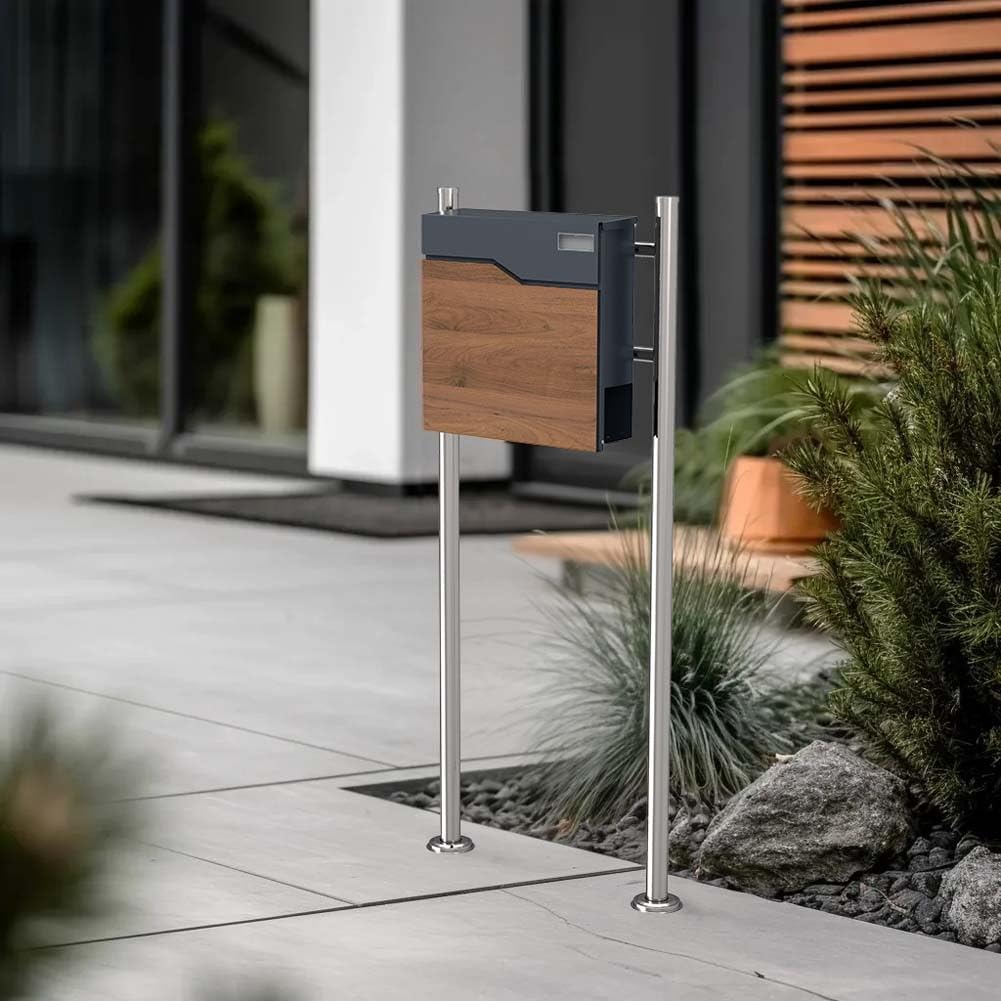 SCHARTEC Holz-Design dunkel Standbriefkasten SBS-SPB-7 freistehend Edelstahl Standfuss anthrazit mit