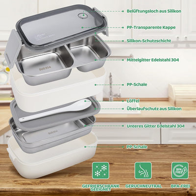 Premium Lunchbox Erwachsene und Kinder inkl. Tragetasche und Besteck Bento box Edelstahl mit Fächern