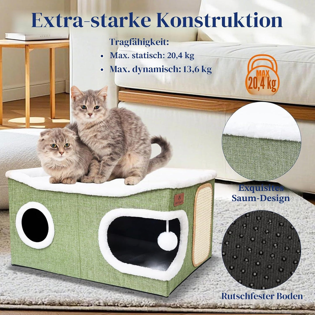 Extra Grosse Katzenhaus Indoor, 2-stöckige Kuschelhöhle mit Kratzbrett und Spielball, Katzenhöhle fü
