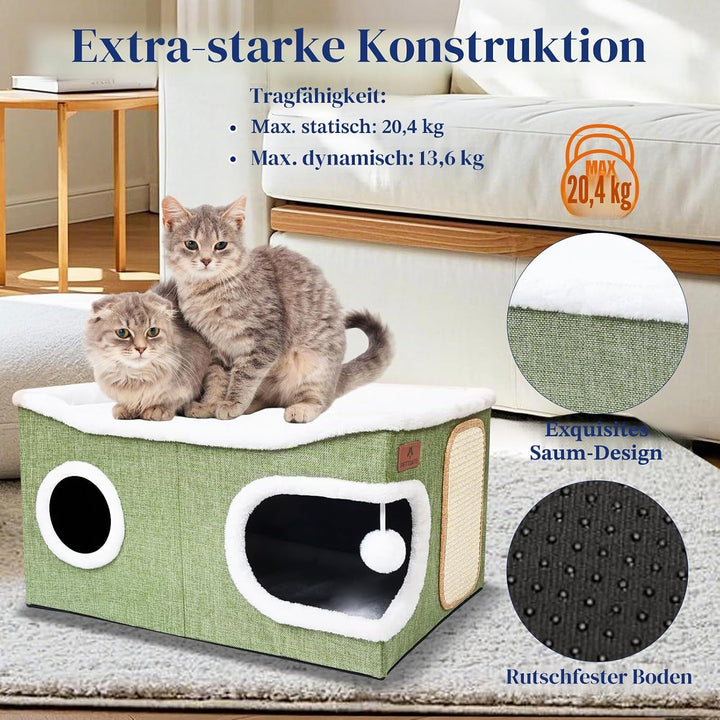 Extra Grosse Katzenhaus Indoor, 2-stöckige Kuschelhöhle mit Kratzbrett und Spielball, Katzenhöhle fü