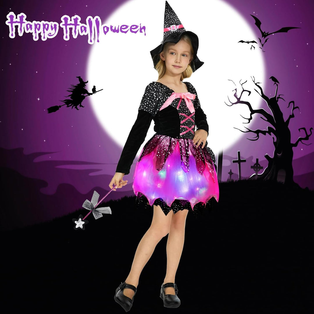 FORMIZON Mädchen Hexen Kostüm, LED Hexenkleid Kinder, Hexenkostüm mit Lichter, Kinder Zauberer verkl