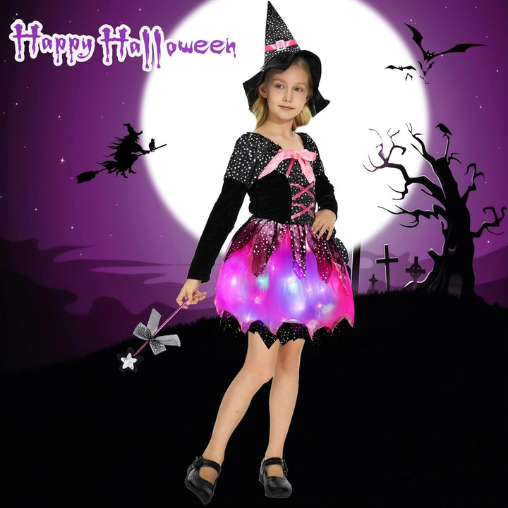 FORMIZON Mädchen Hexen Kostüm, LED Hexenkleid Kinder, Hexenkostüm mit Lichter, Kinder Zauberer verkl