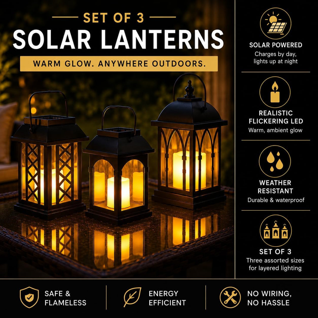 Festive Lights 3-er Set: Schwarze Solar Laternen mit LED Kerzen und täuschend echt wirkenden Flacker