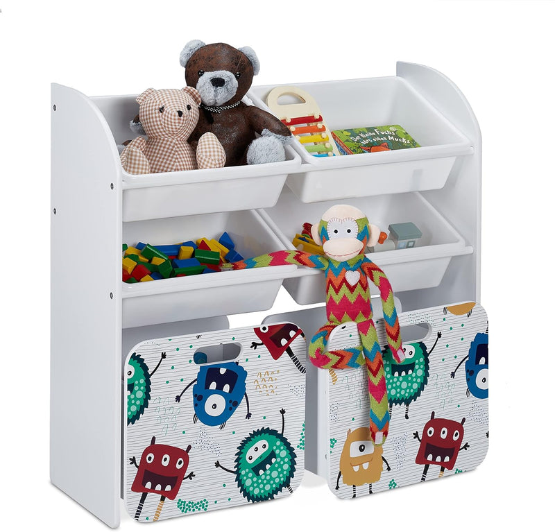 Relaxdays Kinderregal mit 6 Boxen, Monster-Design, 2 Kisten mit Rollen, HBT: 80,5x82,5x30 cm, Regal