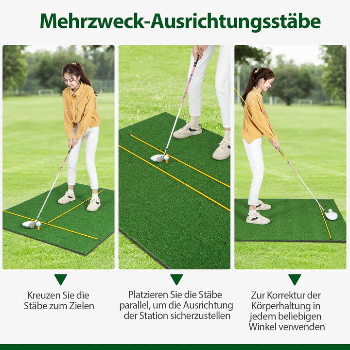 GYMAX Golf Abschlagmatte, Golf Übungsmatte mit 2 Gummi-Tees, 2 Ausrichtungsstäben & 6 Abschlagpositi