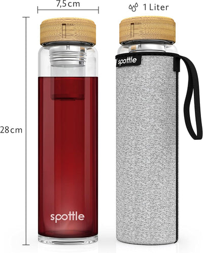 spottle Teeflasche mit sieb to go 1 Liter - Trinkflasche für Tee aus Glas in 500ml, 650ml, 1 l - Tee