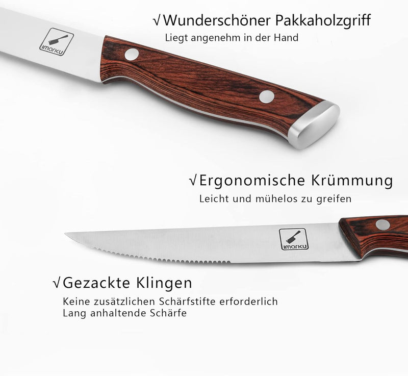 imarku Steakmesser 6-teilig Set aus deutsche Edelstahl mit Pakka-Holzgriff, scharfe gezahnte Pizzame