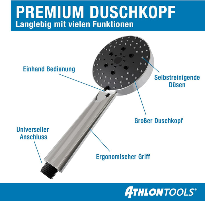 ATHLON TOOLS Duschkopf mit Schlauch - 5 Strahlarten Hochdruck Duschbrause - Ø 105 mm wassersparende
