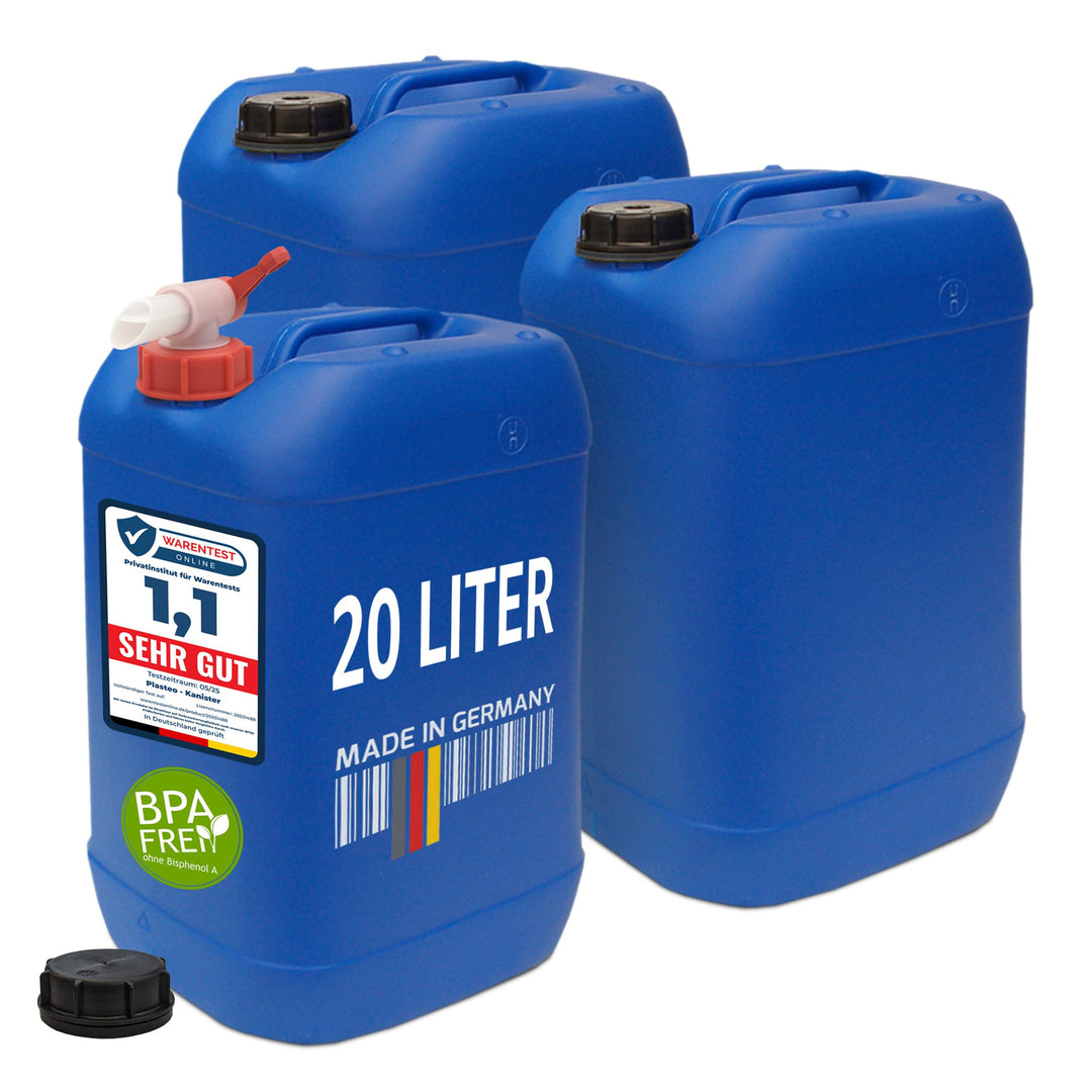 plasteo 20 Liter Getränke Wasserkanister mit 1 Hahn und Schraubdeckel (DIN 61), Blau 3x 20L, 3x 20L