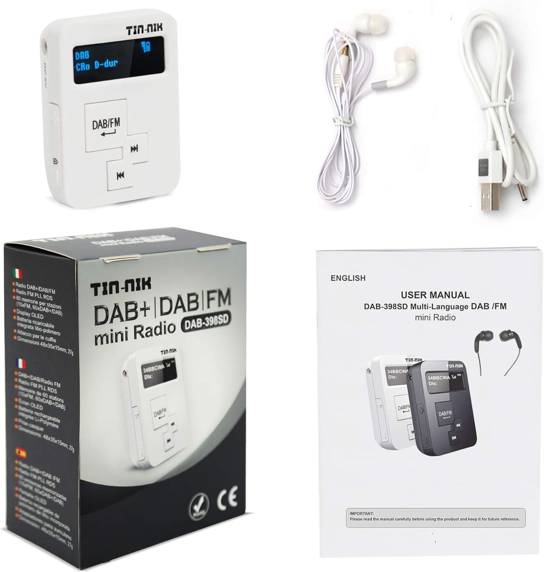 Tin-Nik DAB-398SD tragbares DAB/DAB+/UKW-Radio, digitales Taschen-RDS UKW-Mini-Radio mit wiederaufla