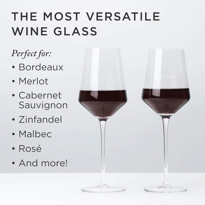 Viski Set of 3, Lead-Free Premium Crystal Clear Glass Modern Stemmed, Flat Bottom, Red Wine Gift, 16